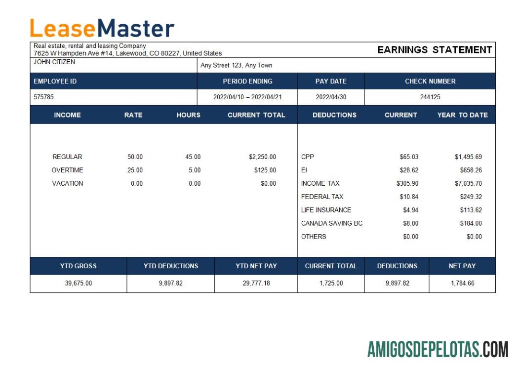 Imprimível Modelo de contracheque de empresa de imóveis, aluguel e leasing em formatos Word e PDF